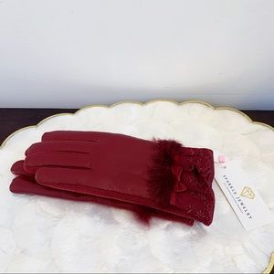 Red Faux Fur Leather Lace Trim Trch Finger Gloves